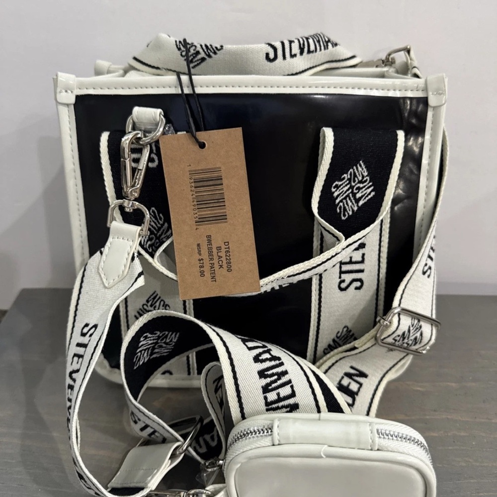 Steve Madden Black and White Crossbody satchel Bag with Logo Strap NEW